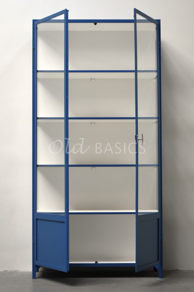 Detail van Apothekerskast Vitrine, 2 deuren, RAL5019, blauw, materiaal staal